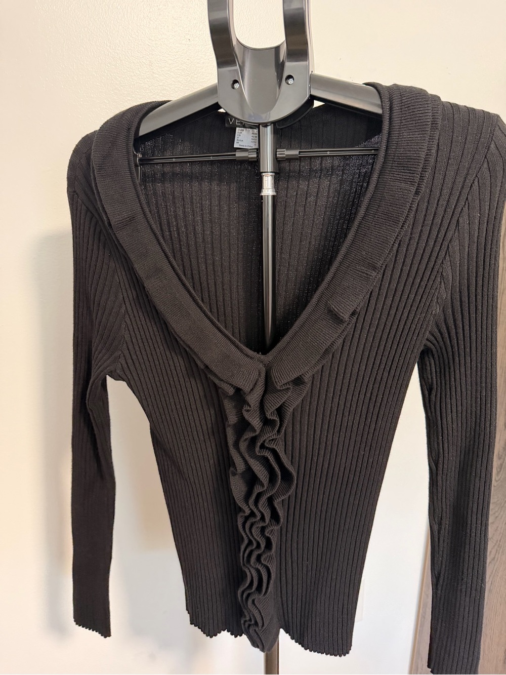 VENUS Black Ribbed V-Neck Ruffle Sweater